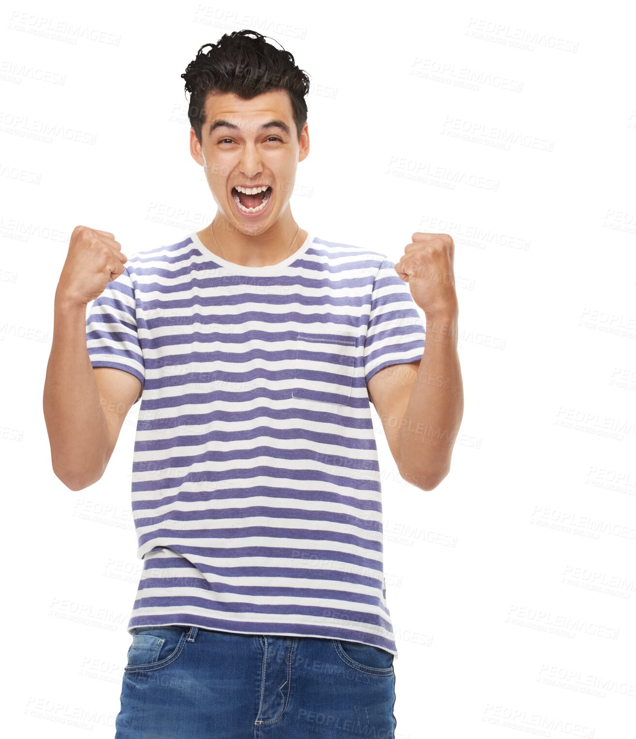 Buy stock photo Success, excited and fist pump with portrait of man on png for winner, celebration and achievement. Yes, bonus and reward with person isolated on transparent background for smile, wow and news
