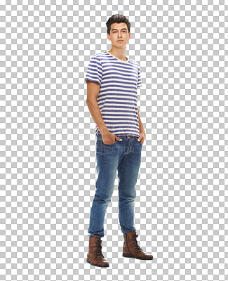 Buy stock photo Portrait, male teen and gen z fashion with pose and confidence of teenager. Hipster, trendy and isolated on a transparent, png background with stylish and casual clothing of model person from Spain