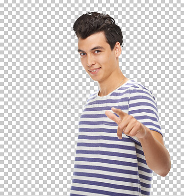 Buy stock photo Man, pointing and portrait of decision and choice with hand for fashion or clothes on isolated, transparent or png background. Casual, confidence and smile on face for advertising selection of you