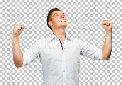 Buy stock photo Business man, winner and success, yes or celebration of sales, bonus, winning and career freedom. Fist or hands for power, cheers and professional person goals isolated on transparent, png background