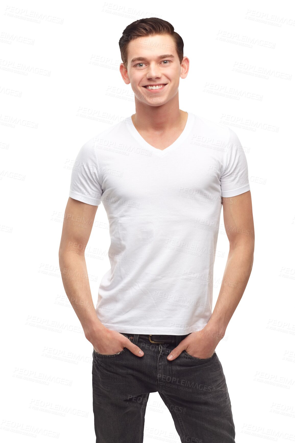 Buy stock photo Fashion, happy and portrait of confident man with style on png, isolated and transparent background. Handsome, hands in pockets and male person smile with casual clothes, modern outfit and tshirt