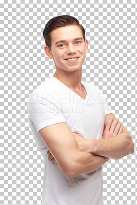 Buy stock photo Fashion, confident and portrait of young man with crossed arms on png, isolated and transparent background. Handsome, happy and male person smile, relax in casual clothes, modern outfit and tshirt