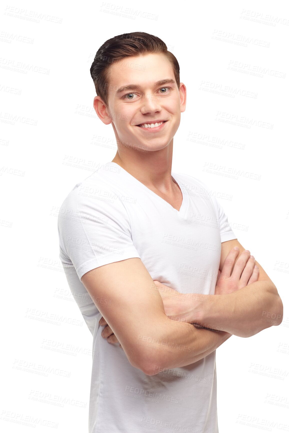 Buy stock photo Fashion, confident and portrait of young man with crossed arms on png, isolated and transparent background. Handsome, happy and male person smile, relax in casual clothes, modern outfit and tshirt