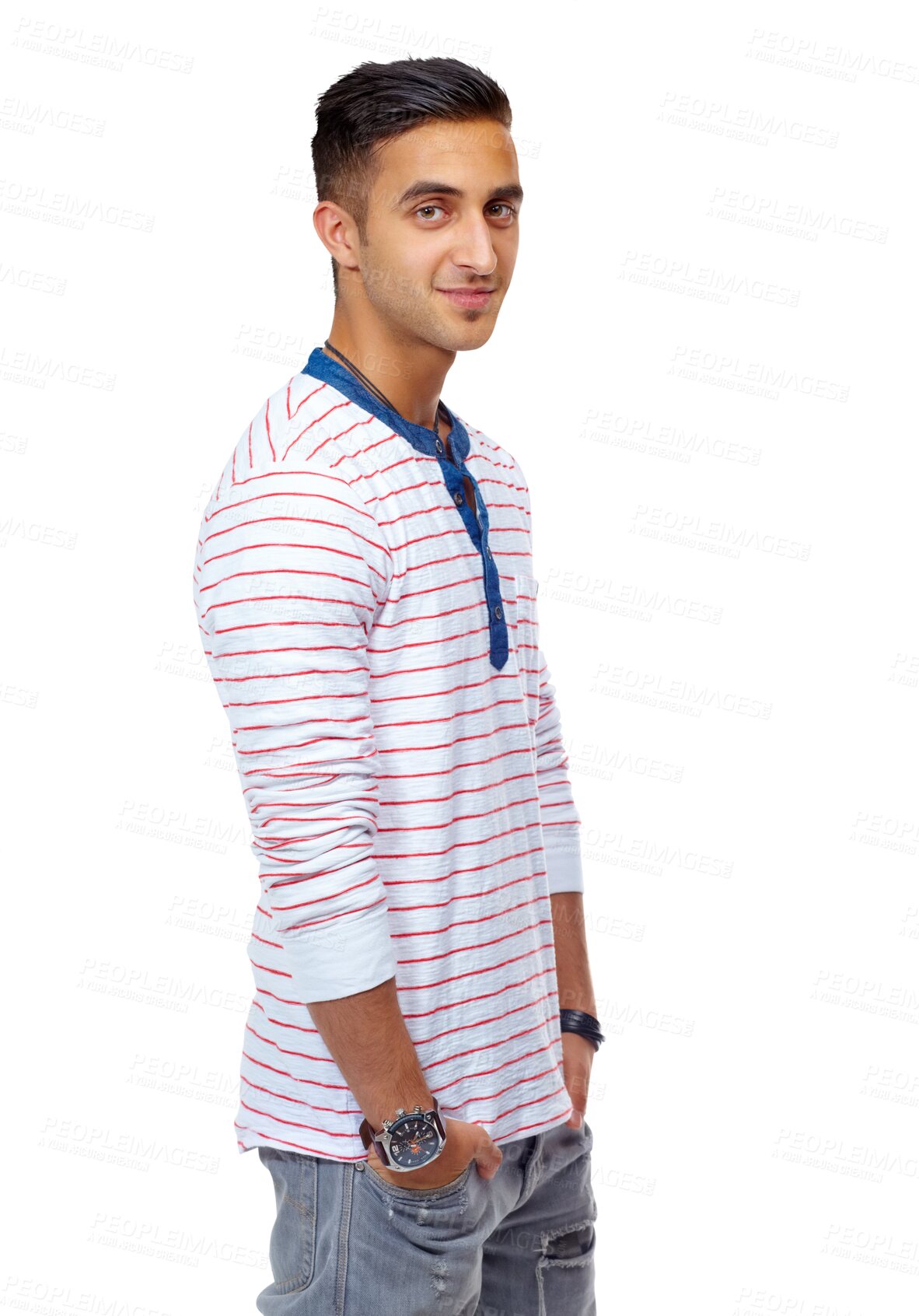 Buy stock photo Young teenager, confidence and smile portrait with happy, fashion and cool gen z aesthetic. Guy, model or teen with trendy clothes, India or youth culture isolated on transparent, png background