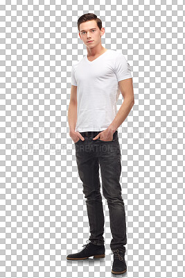 Buy stock photo Portrait, male teen and casual  fashion with pose and confidence of teenager. Hipster, trendy and isolated on a transparent, png background with stylish and gen z clothing and hand in pocket of model