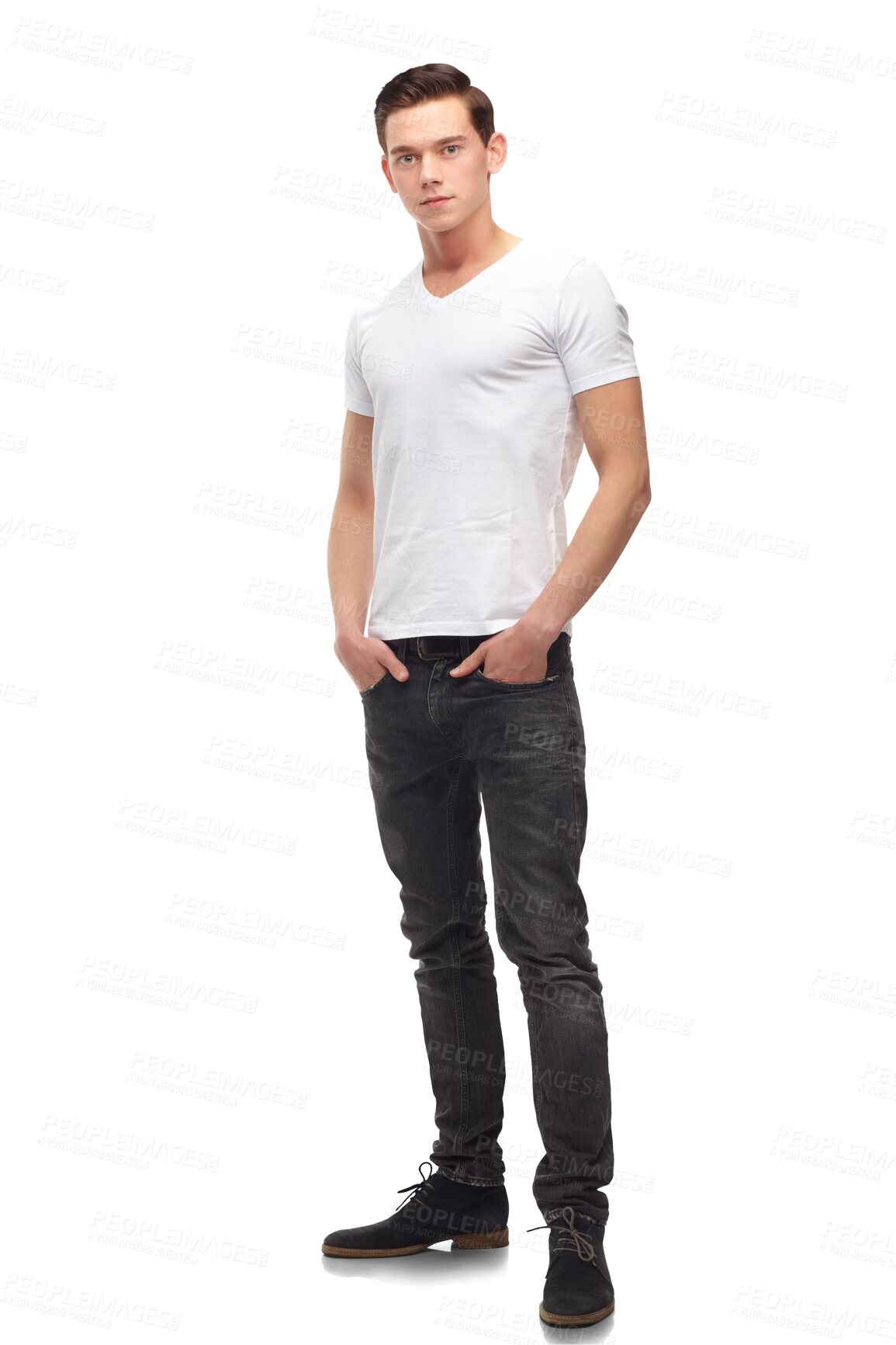 Buy stock photo Portrait, male teen and casual  fashion with pose and confidence of teenager. Hipster, trendy and isolated on a transparent, png background with stylish and gen z clothing and hand in pocket of model