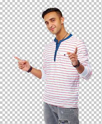 Buy stock photo Happy, point and portrait of a man with hand gesture and decision with confidence. Selection, recruitment and person with smile from choice and agreement isolated on a transparent, png background