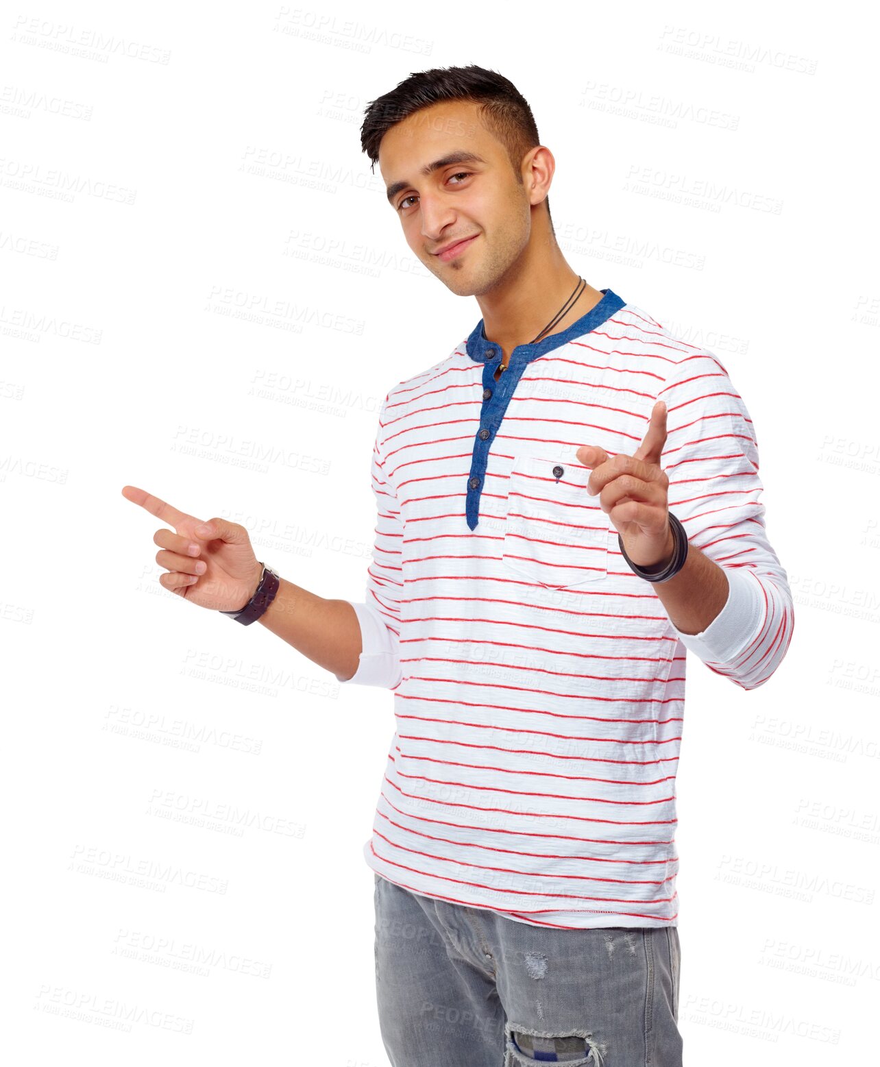 Buy stock photo Happy, point and portrait of a man with hand gesture and decision with confidence. Selection, recruitment and person with smile from choice and agreement isolated on a transparent, png background