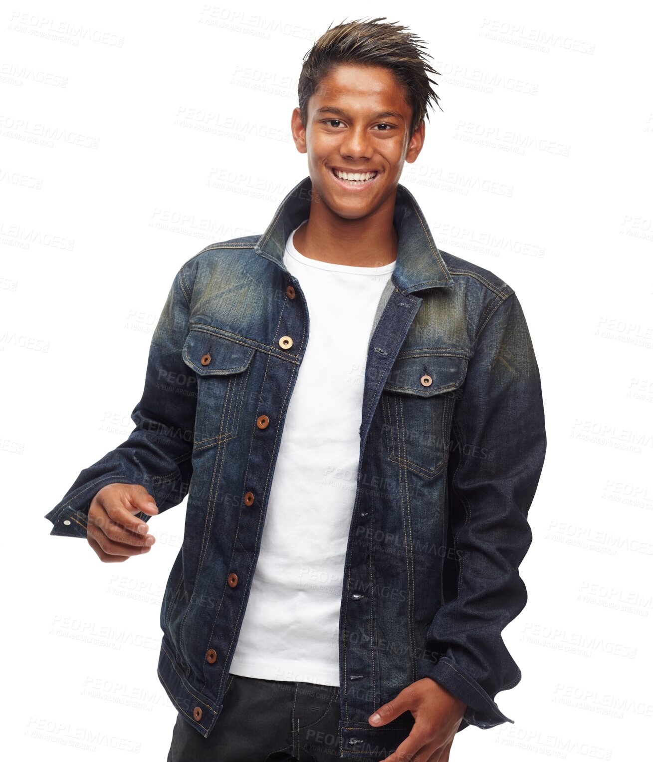 Buy stock photo Fashion, man and happy portrait with modern jacket, cool smile and trendy clothing of gen z teenager. Young male person, handsome and isolated on transparent, png background with model from Sri Lanka