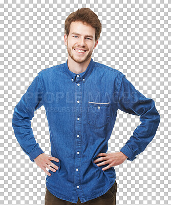 Buy stock photo Young man, portrait and confidence in fashion, casual clothes and style on isolated, transparent or png background. Happy, person and pride with hands on hips in cool jeans and clothing for men