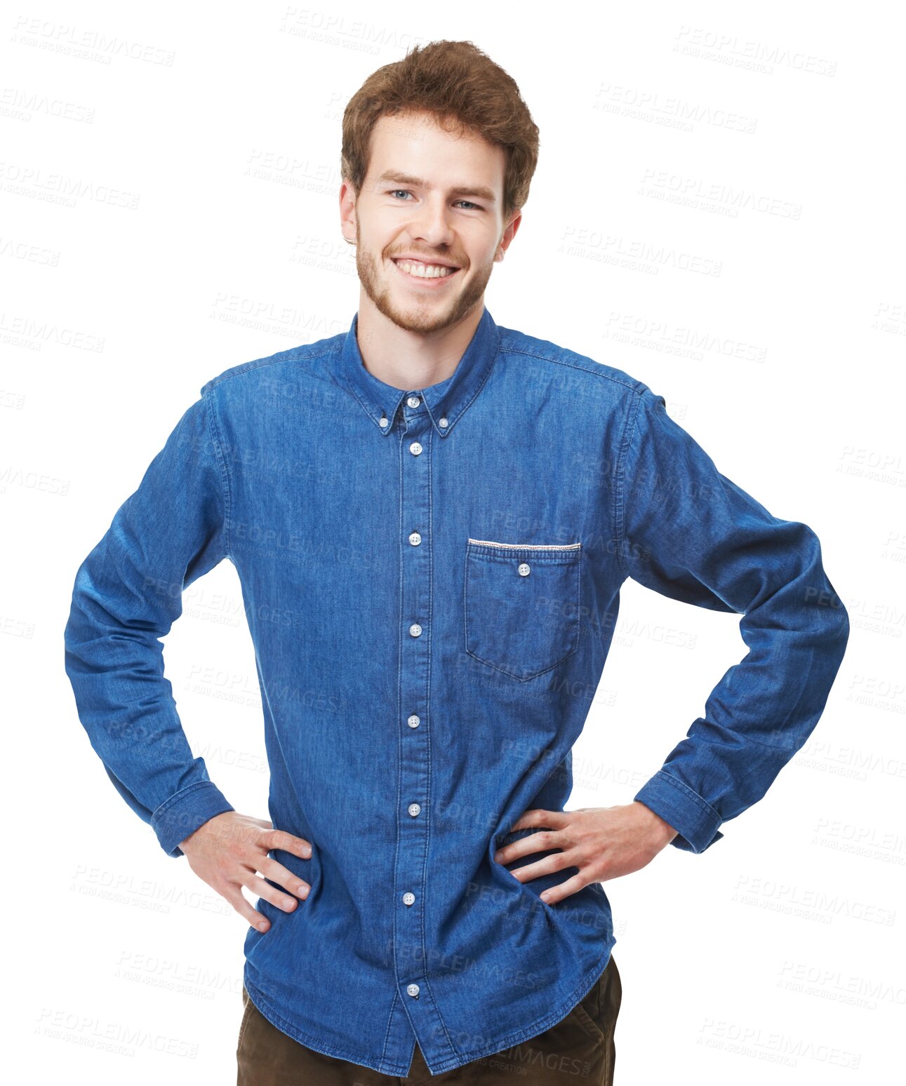 Buy stock photo Young man, portrait and confidence in fashion, casual clothes and style on isolated, transparent or png background. Happy, person and pride with hands on hips in cool jeans and clothing for men