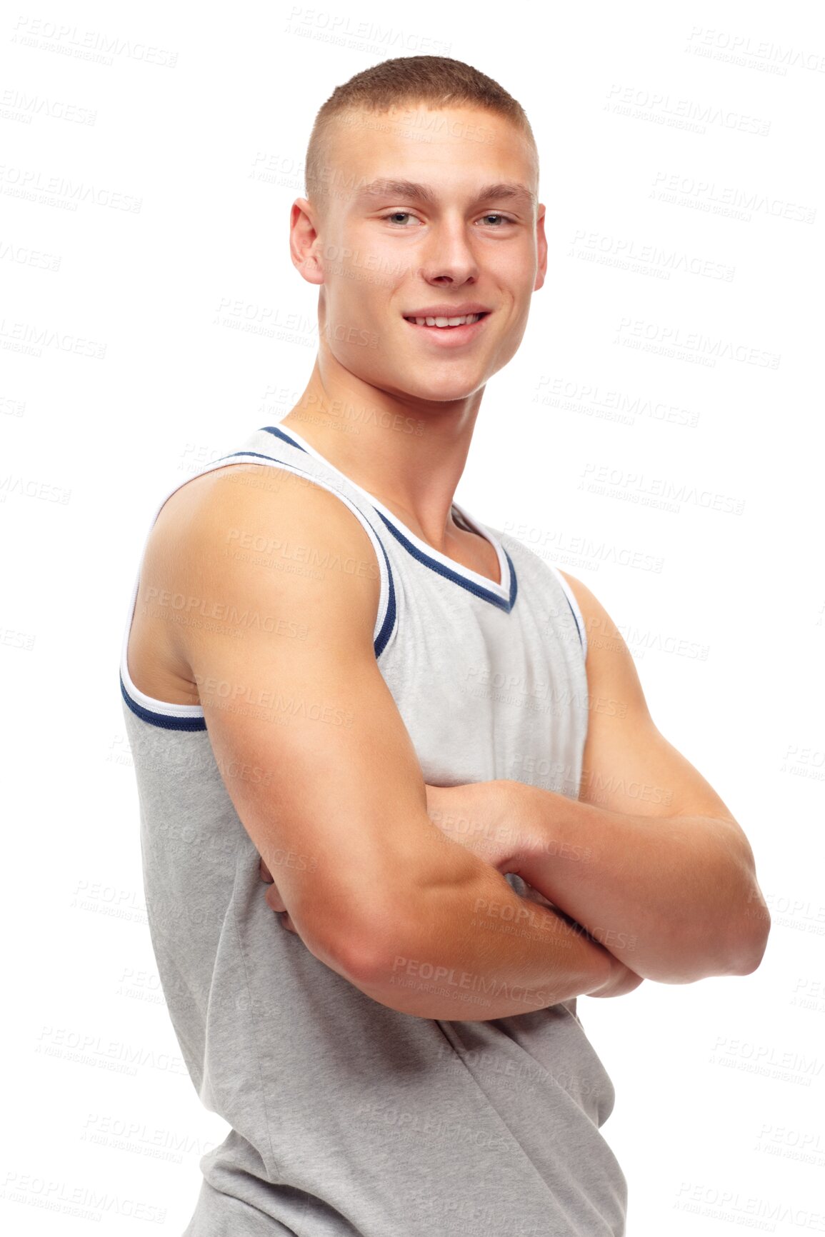 Buy stock photo Fashion, confidence and portrait of young man with smile, student isolated on transparent png background. Youth, pride and face of happy male person, arms crossed in trendy casual clothes at college.