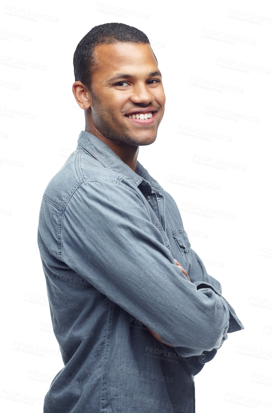 Buy stock photo Fashion, style and portrait of happy man with confidence, denim and student isolated on transparent png background. Youth, pride and young face of male person with trendy casual clothes at university