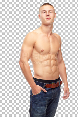 Buy stock photo Muscle, portrait and body of man in jeans isolated on a transparent png background. Confidence, power abs and strong athlete with health, fitness or bodybuilder workout, exercise or training in Spain