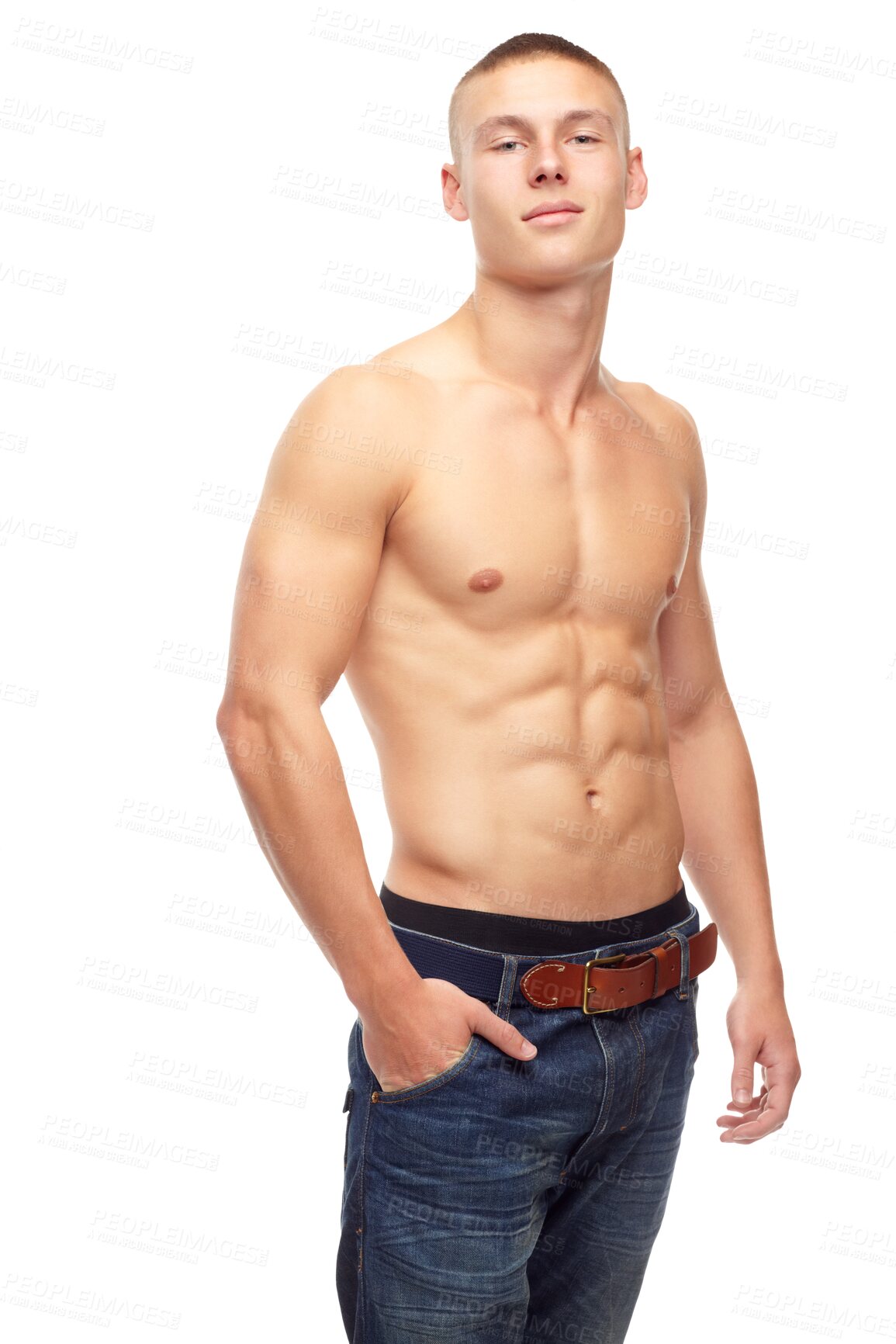 Buy stock photo Muscle, portrait and body of man in jeans isolated on a transparent png background. Confidence, power abs and strong athlete with health, fitness or bodybuilder workout, exercise or training in Spain