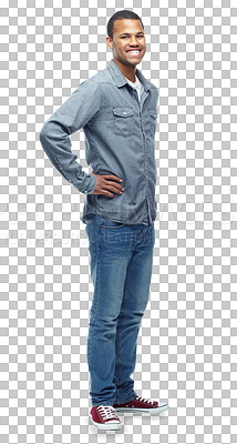 Buy stock photo Black man, portrait and confidence in fashion, clothes and casual style on isolated, transparent or png background. Happy, person and pride with hands on hips in cool jeans and clothing for men