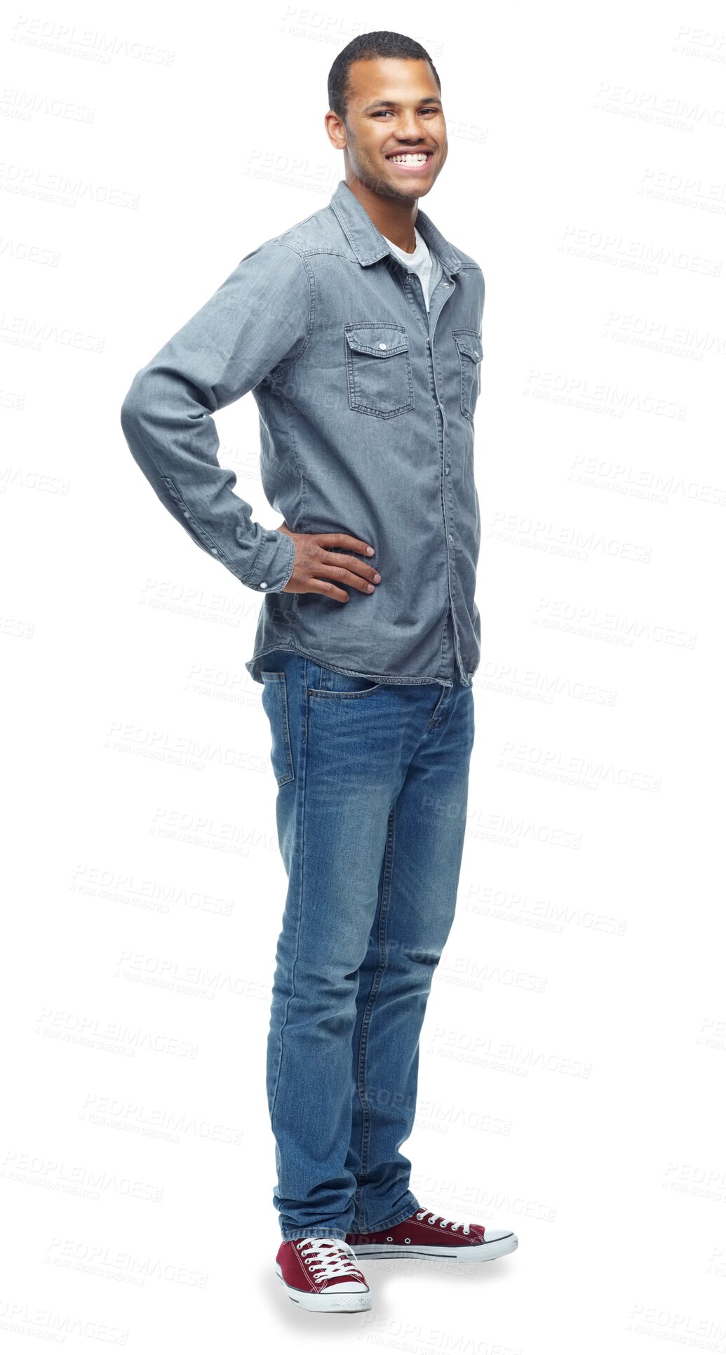 Buy stock photo Black man, portrait and confidence in fashion, clothes and casual style on isolated, transparent or png background. Happy, person and pride with hands on hips in cool jeans and clothing for men