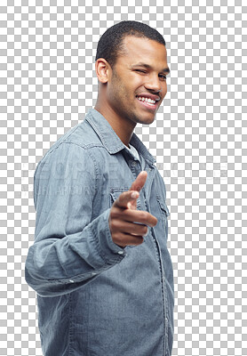 Buy stock photo Pointing, flirting and young man winking while standing for promotion, marketing or advertising. Smile, flirty and face of male model with a finger gesture isolated by a transparent png background.