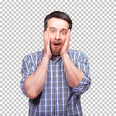 Buy stock photo Portrait, man and surprise in horror, shock or wow reaction to announcement of deal on isolated, transparent or png background. Shocked, face and promotion of crazy discount, sale or good news