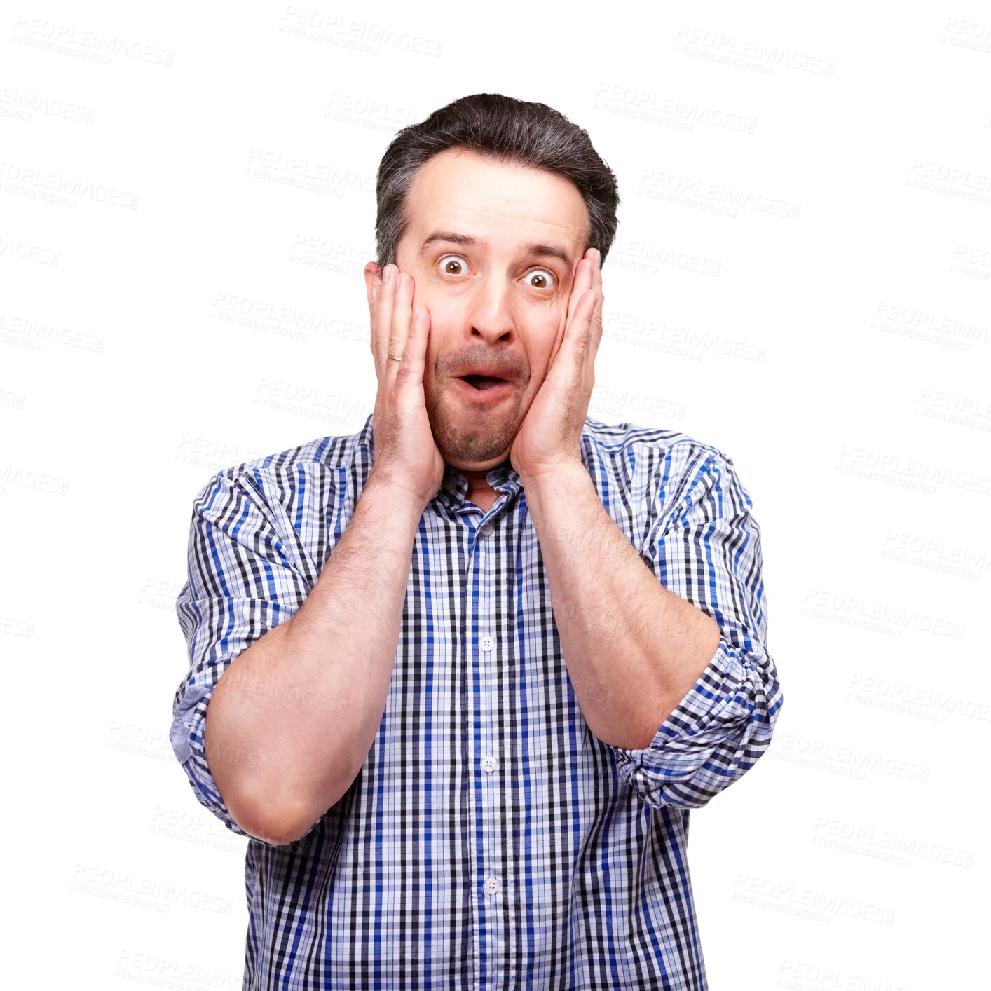 Buy stock photo Portrait, man and surprise in horror, shock or wow reaction to announcement of deal on isolated, transparent or png background. Shocked, face and promotion of crazy discount, sale or good news