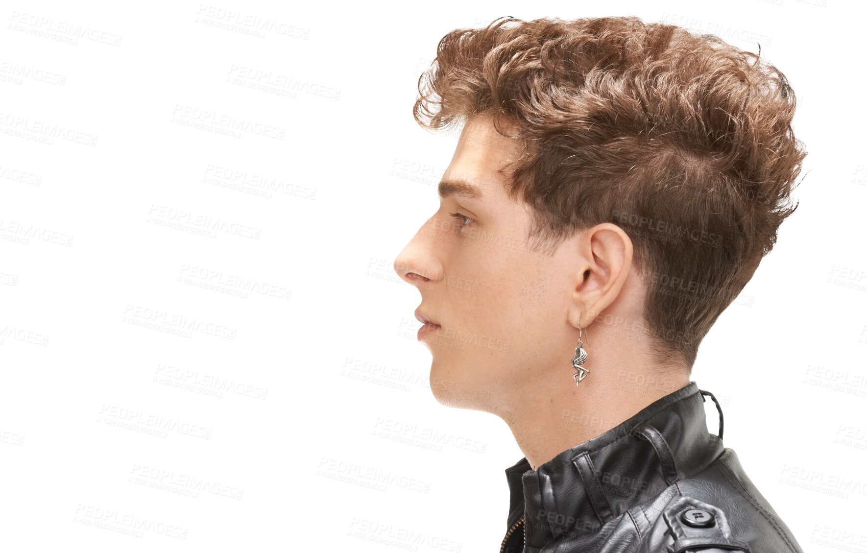 Buy stock photo Fashion, rocker and profile of man with confidence, thinking and modern fashion pose. Model, male person cool, stylish and trendy clothes with confidence isolated on transparent, png background