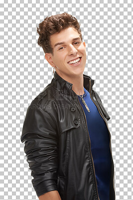 Buy stock photo Portrait, fashion and man smile in leather jacket isolated on a transparent png background. Confidence, happy face and model, biker or person in cool clothes, jeans or trendy aesthetic from Australia