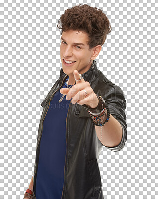 Buy stock photo Pointing, happy and portrait of a young man flirting with a positive mindset and casual outfit. Happiness, smile and handsome male model with a calling gesture isolated by transparent png background.