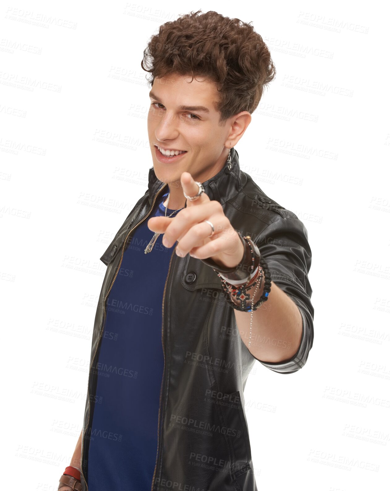 Buy stock photo Pointing, happy and portrait of a young man flirting with a positive mindset and casual outfit. Happiness, smile and handsome male model with a calling gesture isolated by transparent png background.