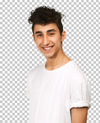 Buy stock photo Male teen, happy and smile portrait with gen z, clothes and fashion feeling confident. Face, person and isolated on a transparent, png background with teenager from Israel with modern hipster style