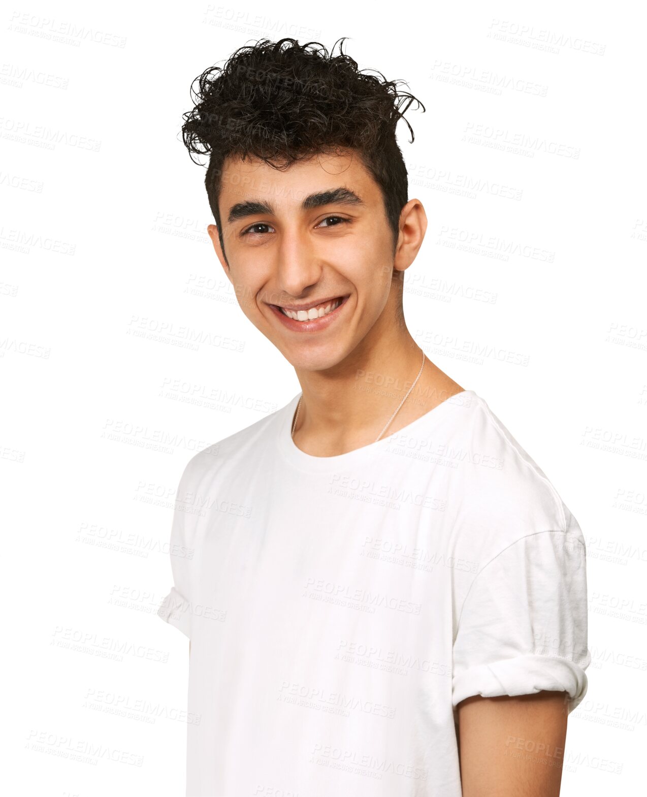 Buy stock photo Male teen, happy and smile portrait with gen z, clothes and fashion feeling confident. Face, person and isolated on a transparent, png background with teenager from Israel with modern hipster style