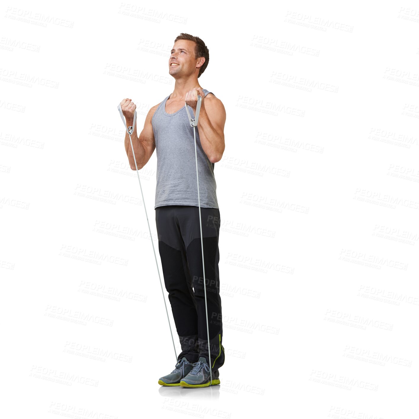 Buy stock photo Fitness, resistance band and stretching arms, man in exercise gym and commitment to health. Workout stretch, sports rope for arms and legs, muscle training isolated on transparent png background.