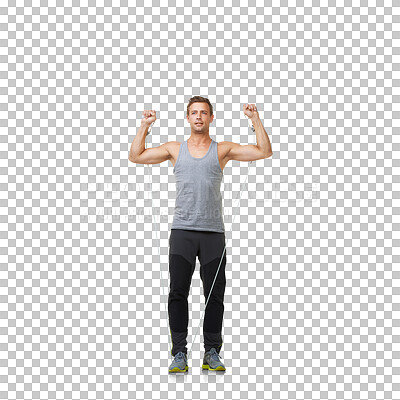 Buy stock photo Fitness, stretching body and man with resistance band in exercise gym, commitment to health motivation. Workout stretch, rope for muscle training bodybuilder isolated on transparent png background.