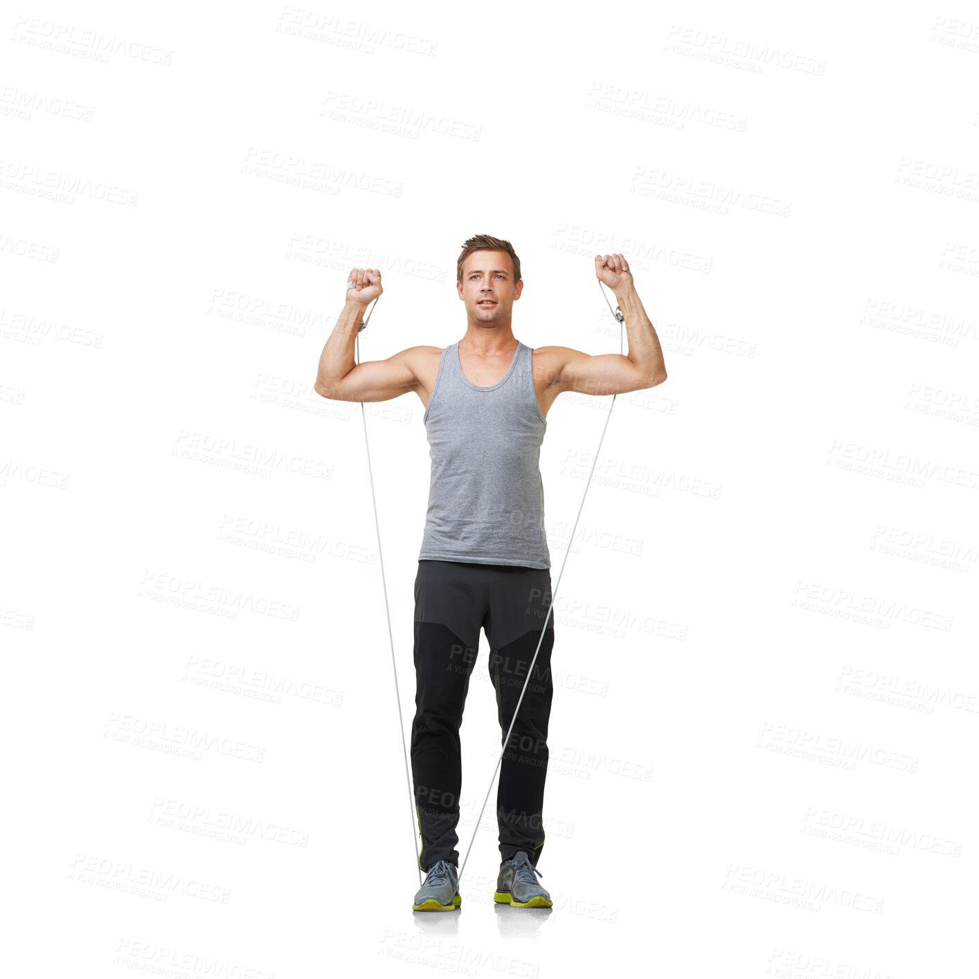 Buy stock photo Fitness, stretching body and man with resistance band in exercise gym, commitment to health motivation. Workout stretch, rope for muscle training bodybuilder isolated on transparent png background.