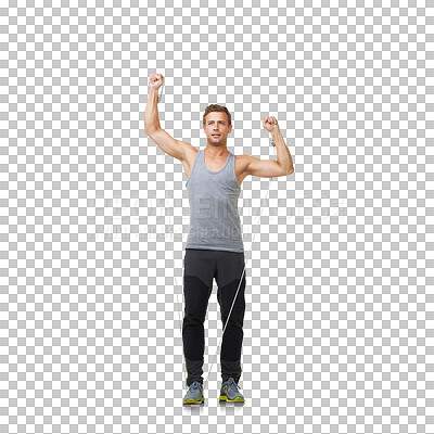 Buy stock photo Fitness, body stretching and man with resistance band in exercise gym, commitment to health motivation. Workout, elastic rope for muscle training bodybuilder isolated on transparent png background.