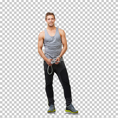 Buy stock photo Fitness, happy and band with portrait of man on png for gym, training and workout. Health, exercise and wellness with bodybuilder isolated on transparent background for sports and performance