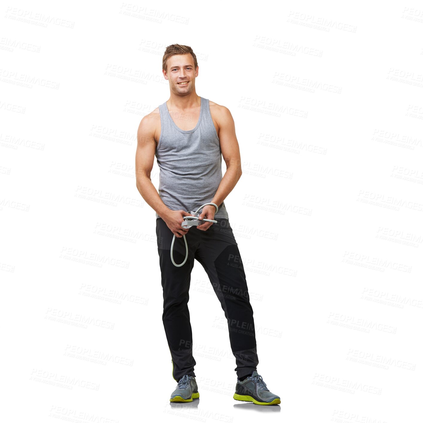 Buy stock photo Fitness, happy and band with portrait of man on png for gym, training and workout. Health, exercise and wellness with bodybuilder isolated on transparent background for sports and performance