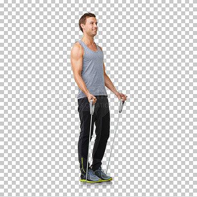 Buy stock photo Exercise, motivation and stretching, man with resistance band in fitness gym and commitment to healthy body care. Workout, rope for muscle training bodybuilder isolated on transparent png background.