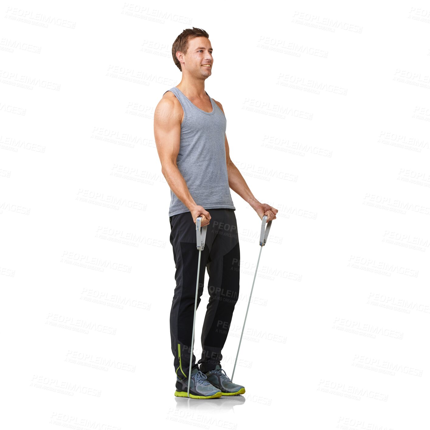 Buy stock photo Exercise, motivation and stretching, man with resistance band in fitness gym and commitment to healthy body care. Workout, rope for muscle training bodybuilder isolated on transparent png background.