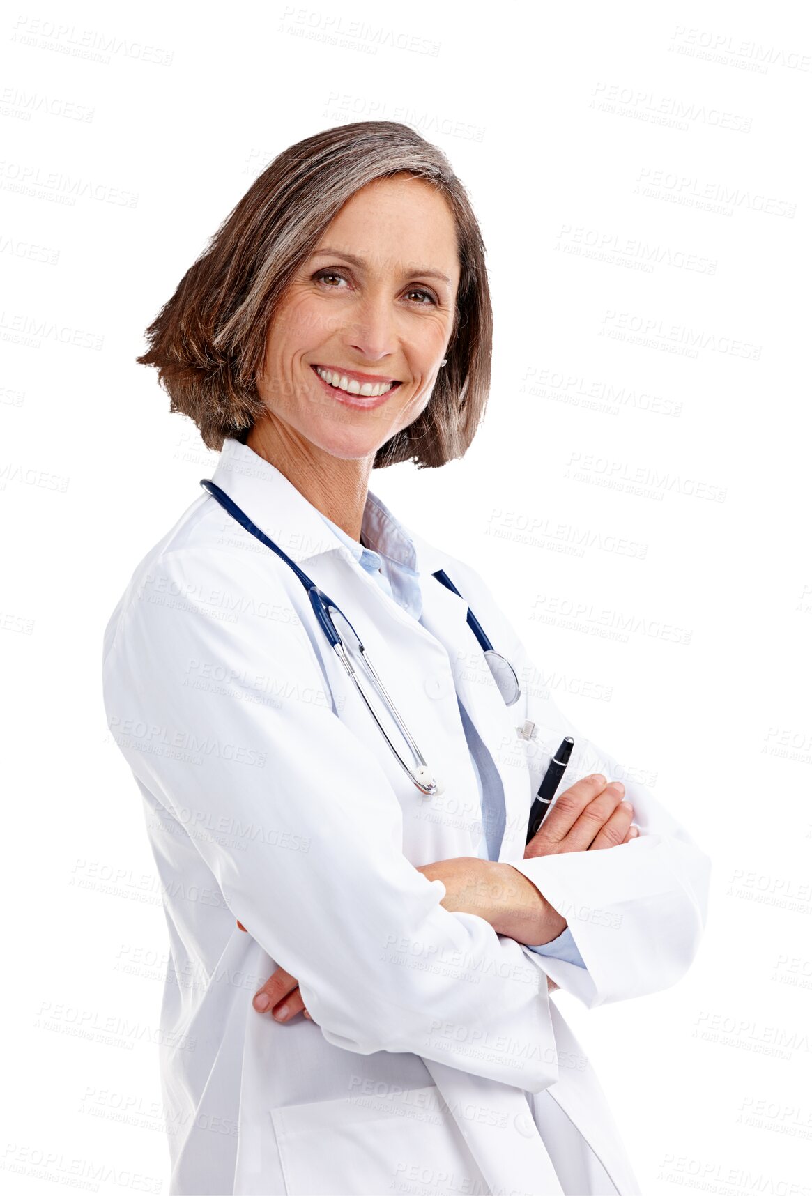 Buy stock photo Portrait, woman and happy doctor with arms crossed for confidence, leadership and healthcare. Medical, face and mature female surgeon professional from Canada isolated by transparent png background.