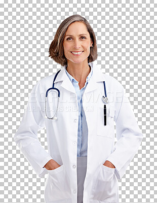 Buy stock photo Woman, portrait and smile of doctor isolated on transparent png background for medical help, advice and consultation. Medicine, healthcare manager or mature female therapist with trust for consulting