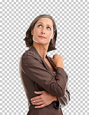 Buy stock photo Thinking, looking up and senior woman with information, announcement or information on isolated, transparent and png background. News, deal and face of elderly female with opportunity or promotion