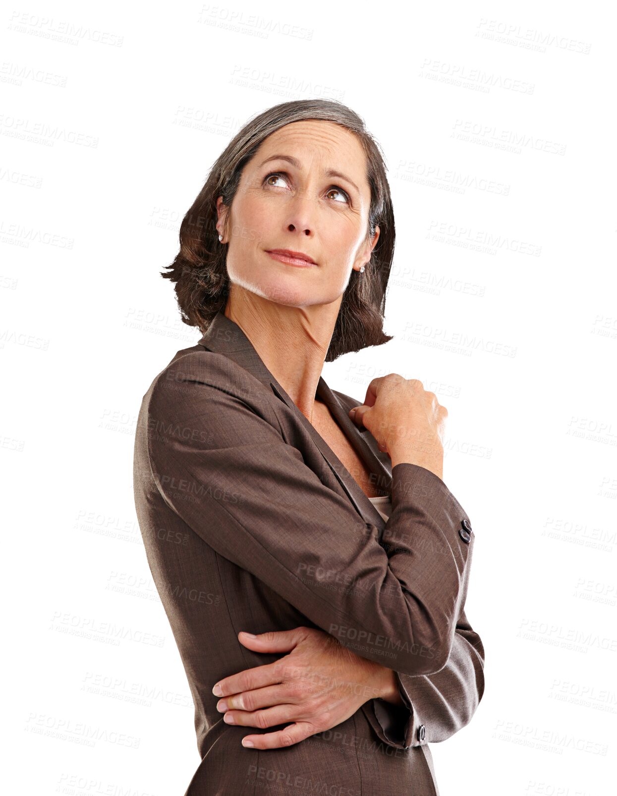 Buy stock photo Thinking, looking up and senior woman with information, announcement or information on isolated, transparent and png background. News, deal and face of elderly female with opportunity or promotion