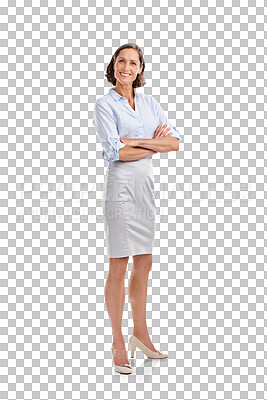 Buy stock photo Business woman, arms crossed and happy leader with corporate lawyer job with a smile. Success, proud and isolated on transparent, png background with mature female person ready for law work employee