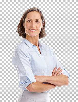 Buy stock photo Business woman, arms crossed and worker portrait of corporate lawyer employee with a smile. Leader, proud and isolated on transparent, png background with mature female person ready for law work