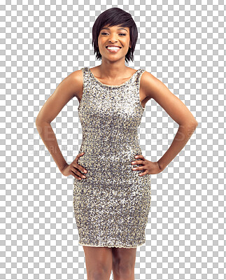 Buy stock photo Happy, young and portrait of woman in party dress for fashion celebration and holiday event or luxury style. Confident model or african person in silver clothes isolated on transparent png background