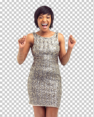 Buy stock photo Woman, wow and party dress for fashion, celebration and excited for dance or luxury event. Model portrait or happy african person in silver or sparkle clothes isolated on transparent, png background