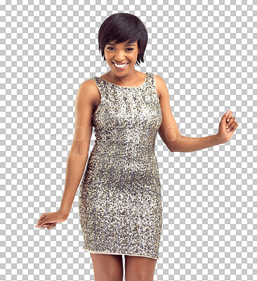 Buy stock photo Sequin dress, portrait and black woman dance isolated on a transparent png background. Fashion, style or model with party clothes with aesthetic sparkle, happy and energy at prom event in Nigeria