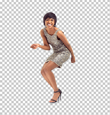 Buy stock photo Happy, excited and young woman in party dress for fashion celebration success and holiday event. Portrait, full body and african person dance in silver clothes isolated on transparent, png background