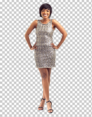 Buy stock photo Sequin dress, portrait and black woman with confidence isolated on a transparent png background. Fashion, style and model with party clothes with aesthetic, happy and luxury event in South Africa