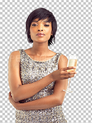 Buy stock photo Isolated African woman, champagne or portrait in sequin dress, ready or party by transparent png background. Girl, happy fashion model and glitter fabric at event, gala or glass for celebration drink